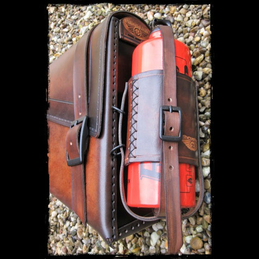 dhcustom vintage dark leather saddlebag with fuel bottle