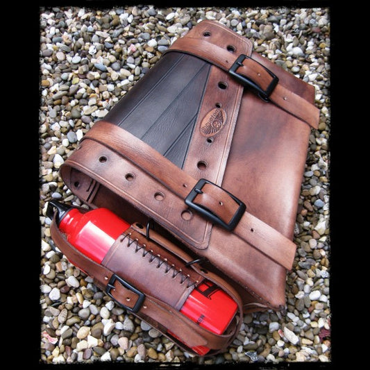 dhcustom brown leather saddlebag with fuel bottle