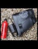 dhcustom blk leather saddlebag with fuel bottle