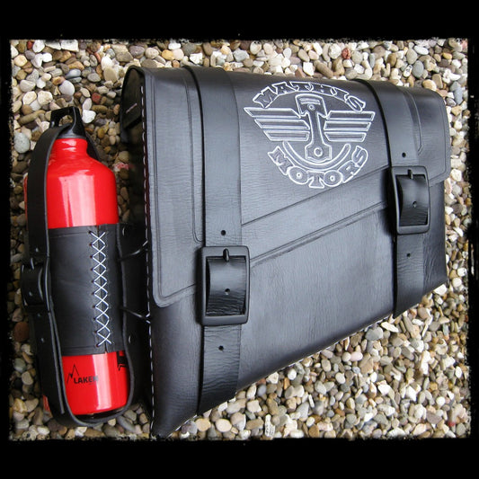 dhcustom blk leather saddlebag with fuel bottle