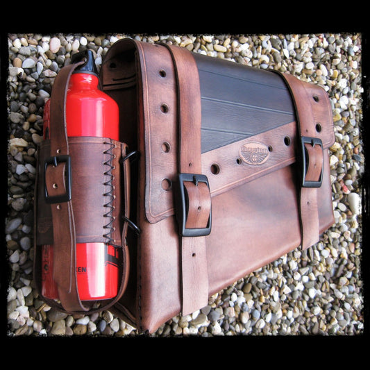 dhcustom brown leather saddlebag with fuel bottle
