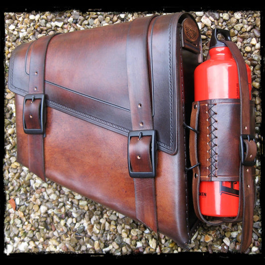dhcustom vintage dark leather saddlebag with fuel bottle